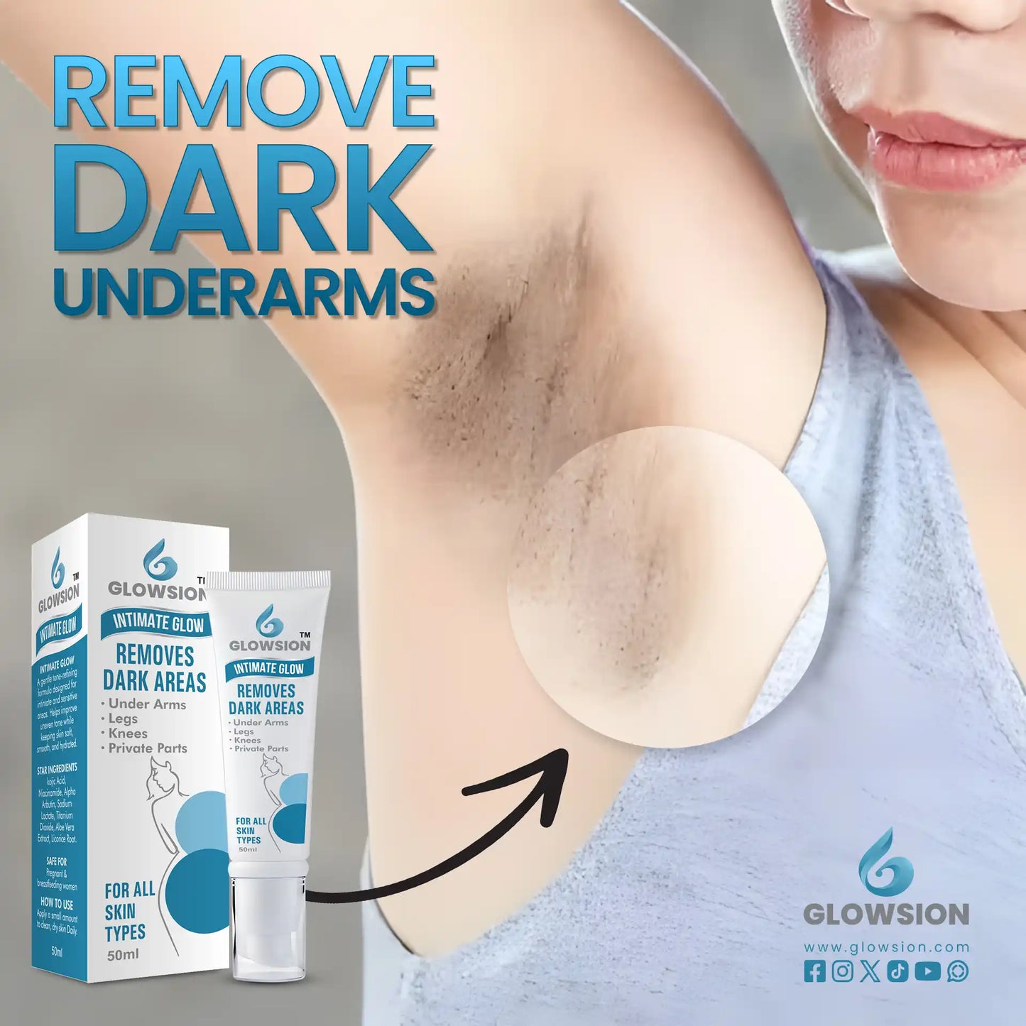 Advertisement for a dark underarms removal product with a close-up of underarm hair and product packaging.