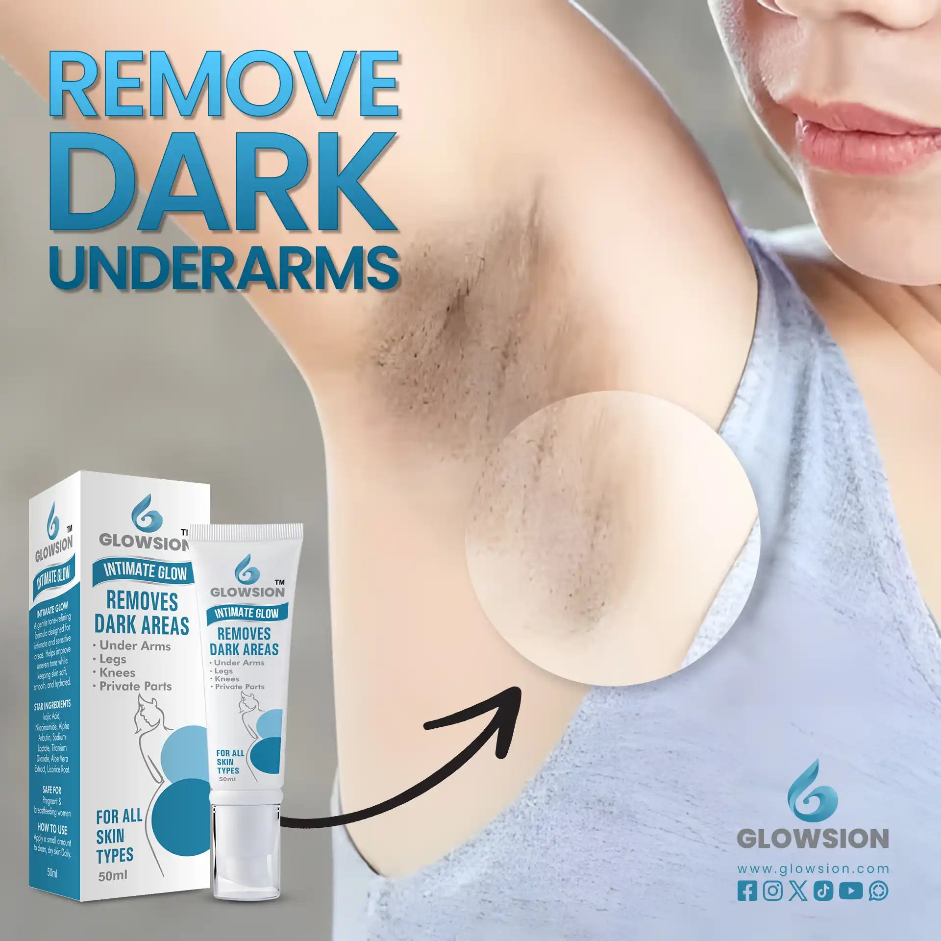 Advertisement for a dark underarms removal product with a close-up of underarm hair and product packaging.