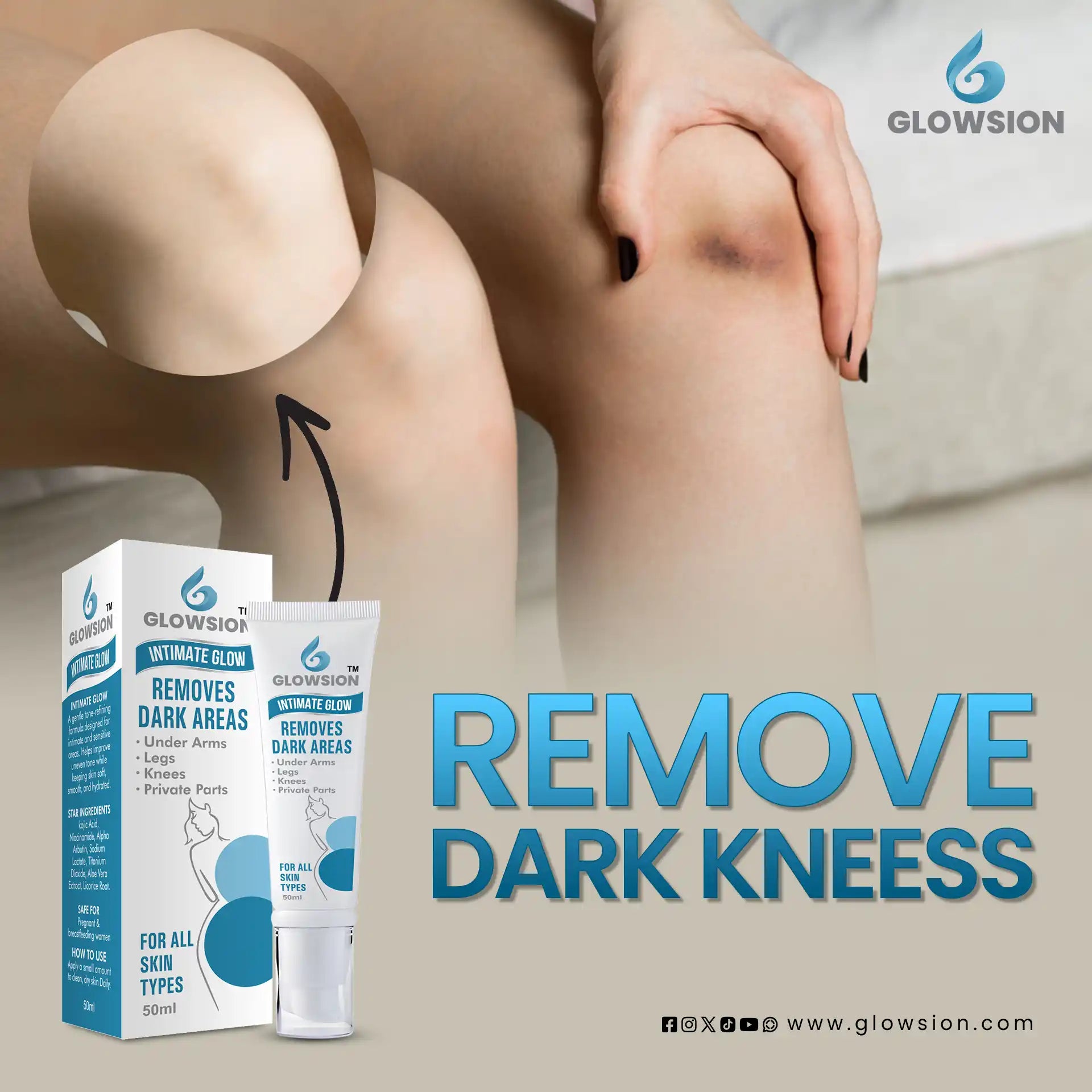 GlowSION product for removing dark knees with a person sitting on a couch.